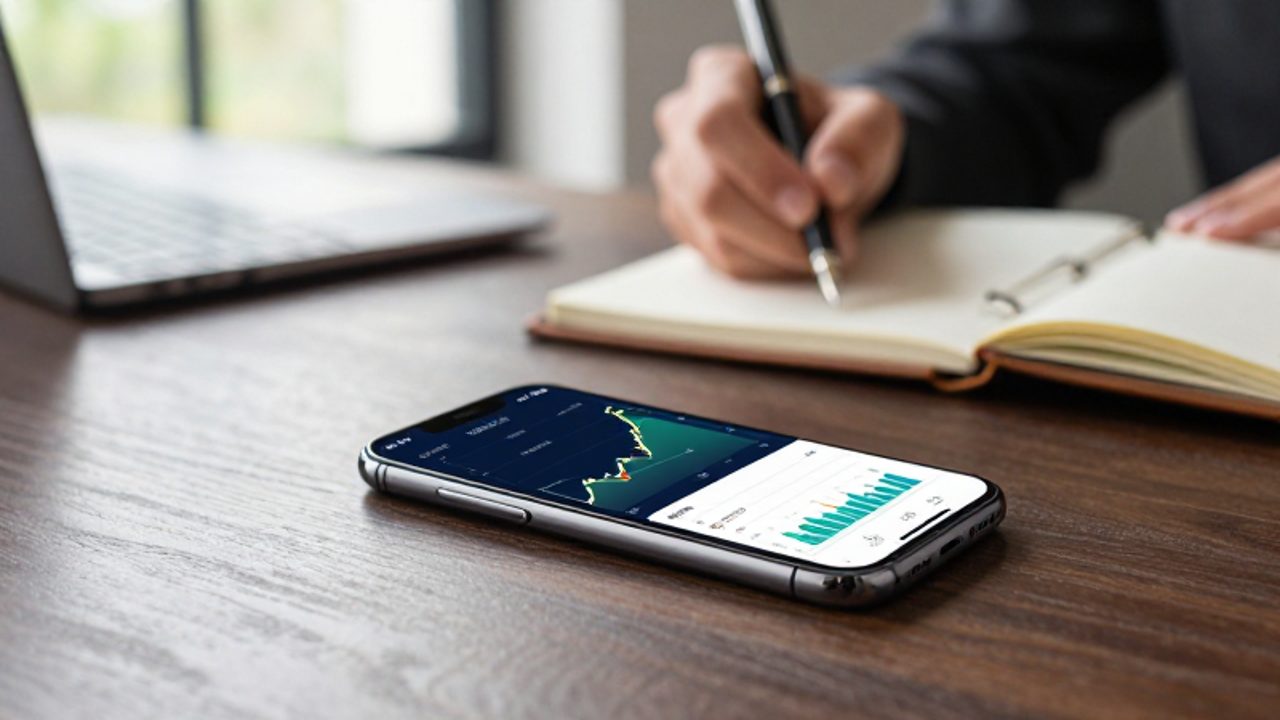 Smartphone sobre un escritorio de madera que muestra gráficos de crecimiento financiero y una línea ascendente de activos.