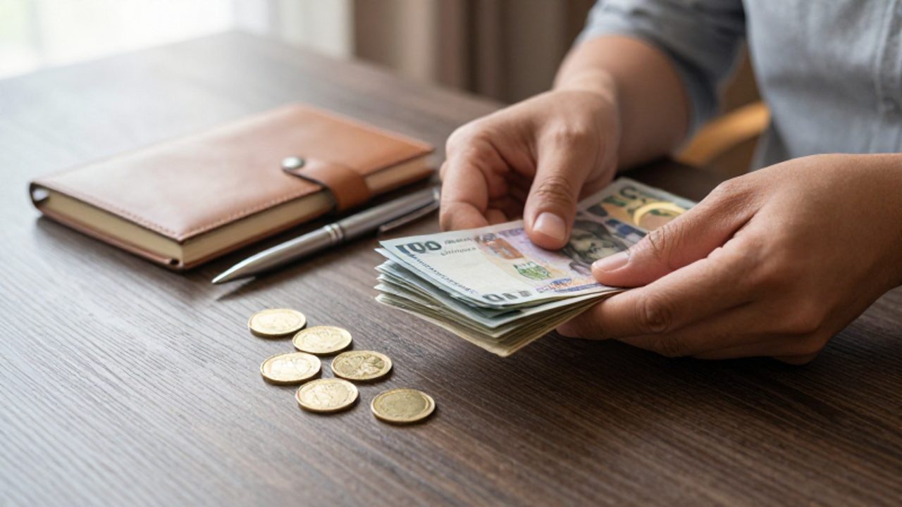 Manos organizando billetes y monedas sobre un escritorio junto a una agenda, simbolizando la planificación y el ahorro de un fondo de emergencia.