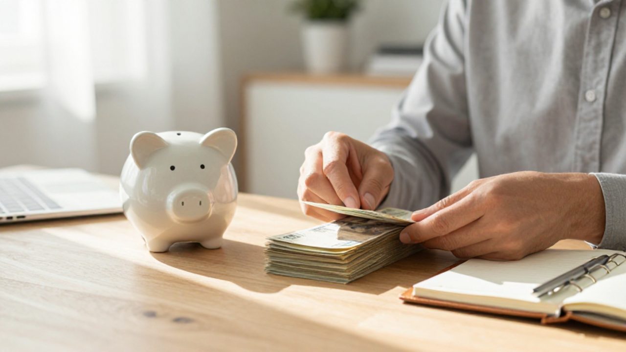 Manos organizando billetes junto a un frasco de ahorros y una agenda sobre un escritorio, transmitiendo orden y preparación financiera.