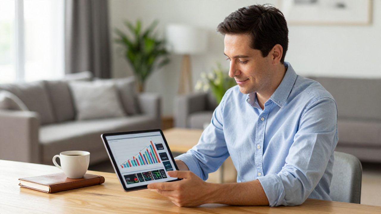 Un inversor sonriente observa con tranquilidad unos gráficos de crecimiento financiero en una tableta dentro de una oficina en casa luminosa y organizada.