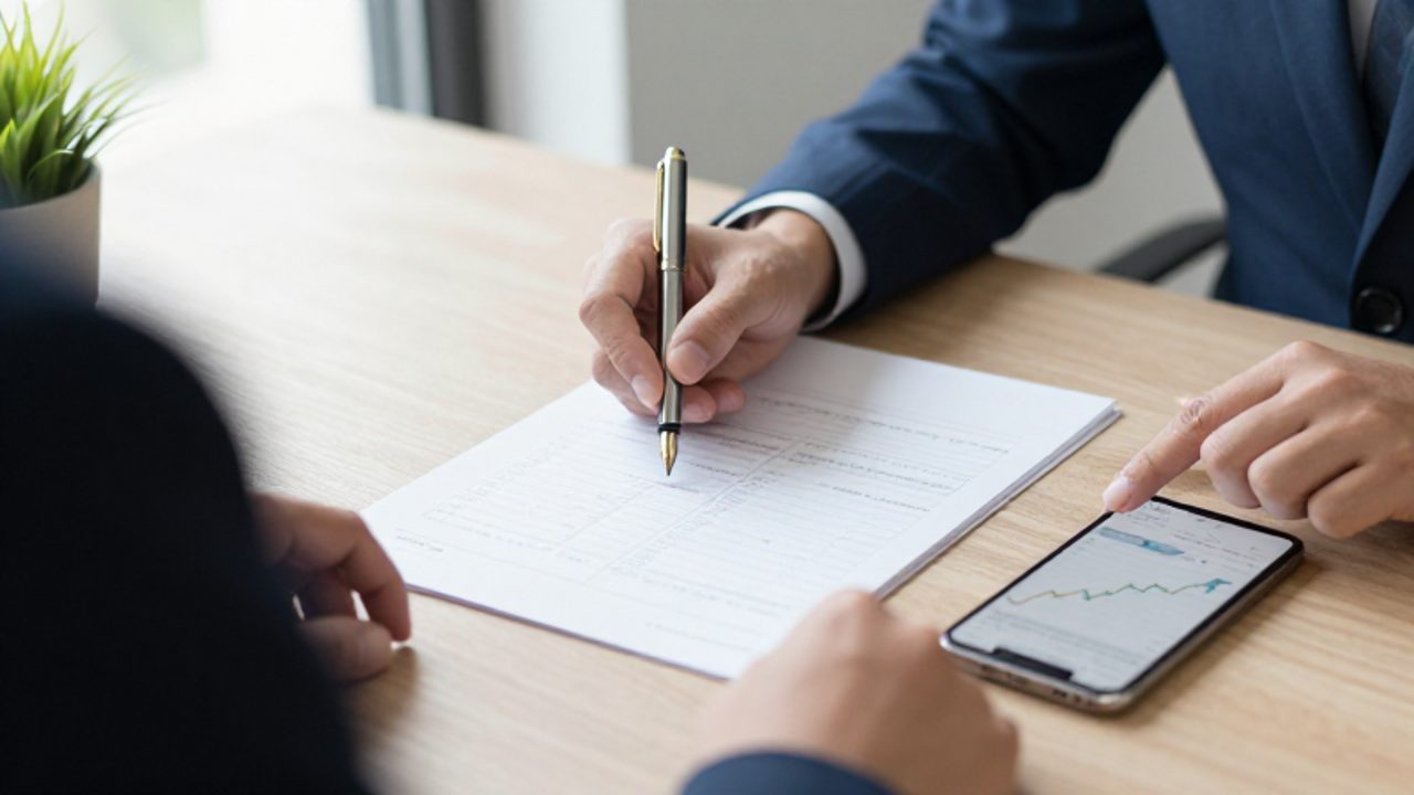 Manos de una persona organizando finanzas sobre un escritorio con un planificador de papel, un bolígrafo y un smartphone que muestra un gráfico de crecimiento.