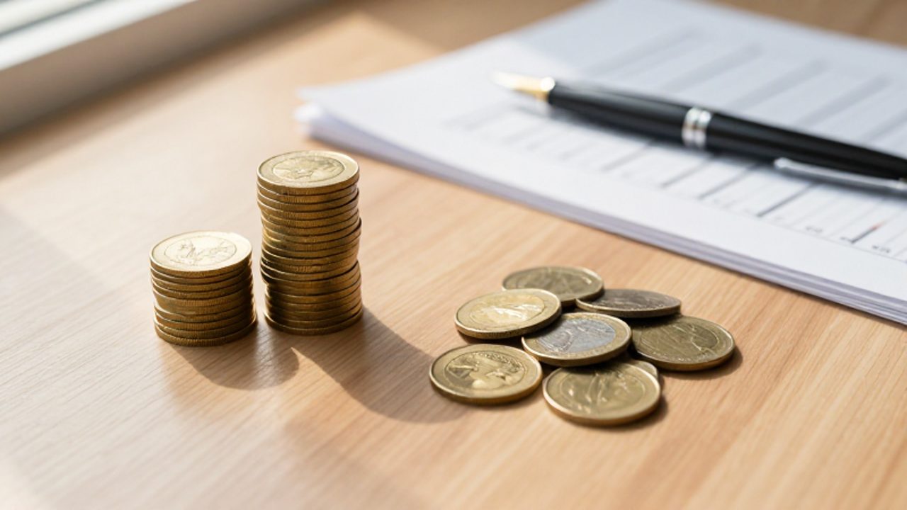 Comparación entre una gran pila de monedas de oro que crece frente a una montaña pequeña y estancada de monedas mermada por discos metálicos sobre un escritorio de madera.