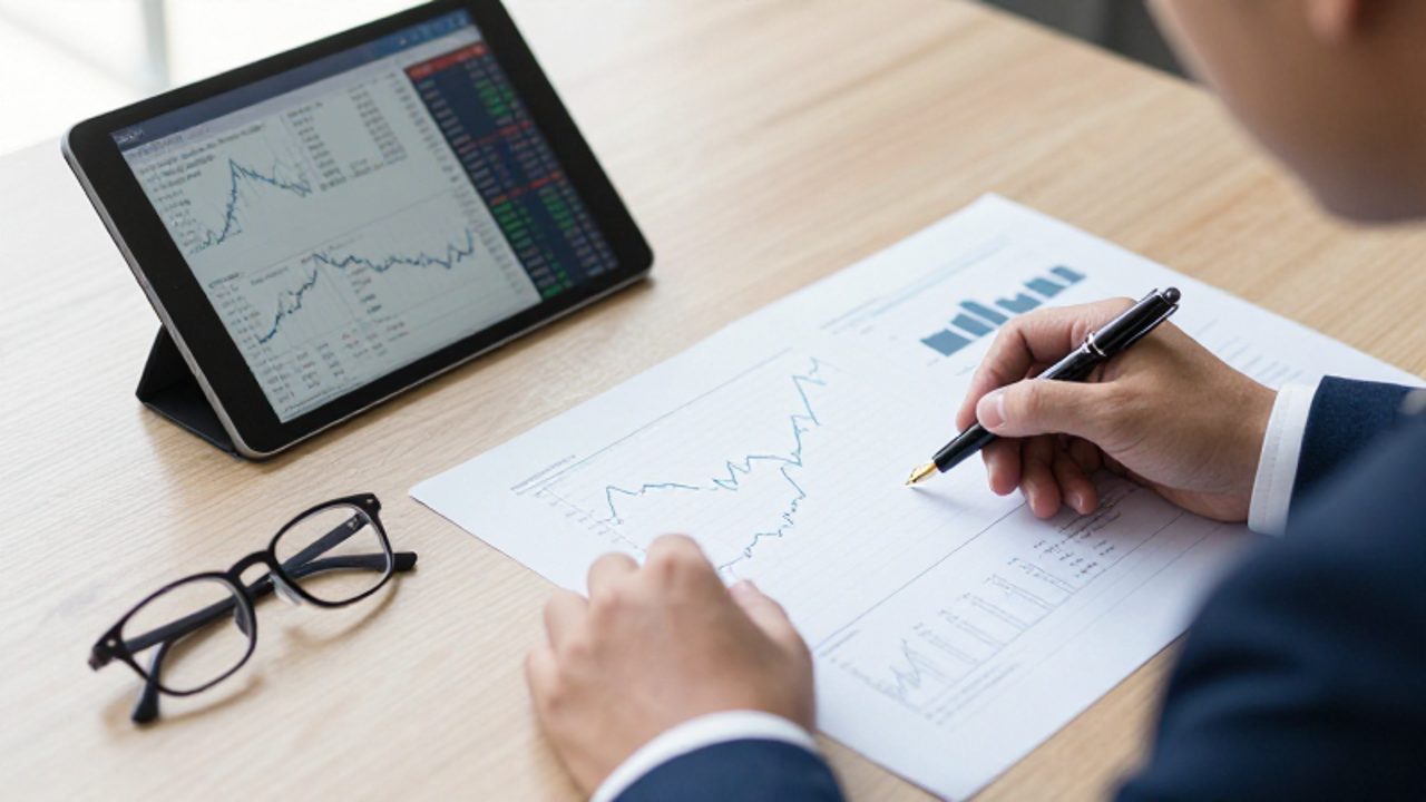 Manos de un inversor analizando gráficos financieros en un documento impreso y una tableta sobre un escritorio de madera.