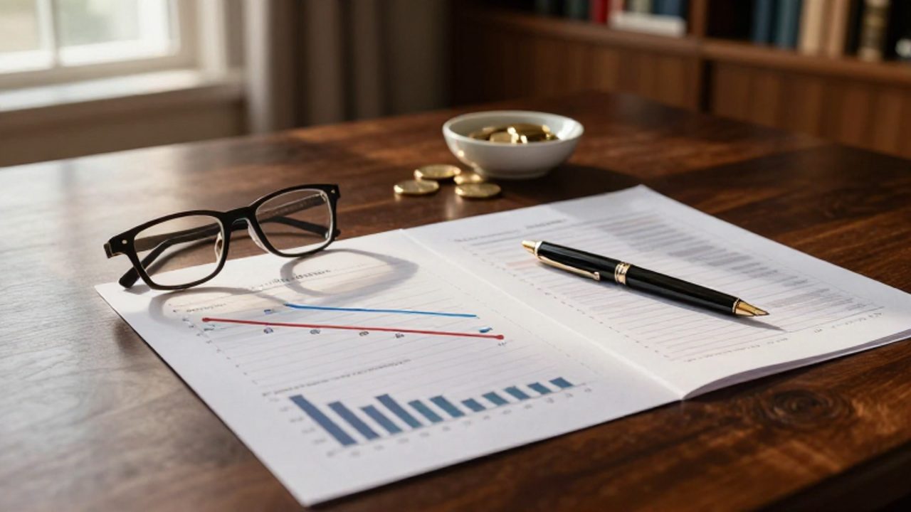 Documentos de planificación financiera con gráficos de barras, gafas y monedas de oro sobre un escritorio de madera.