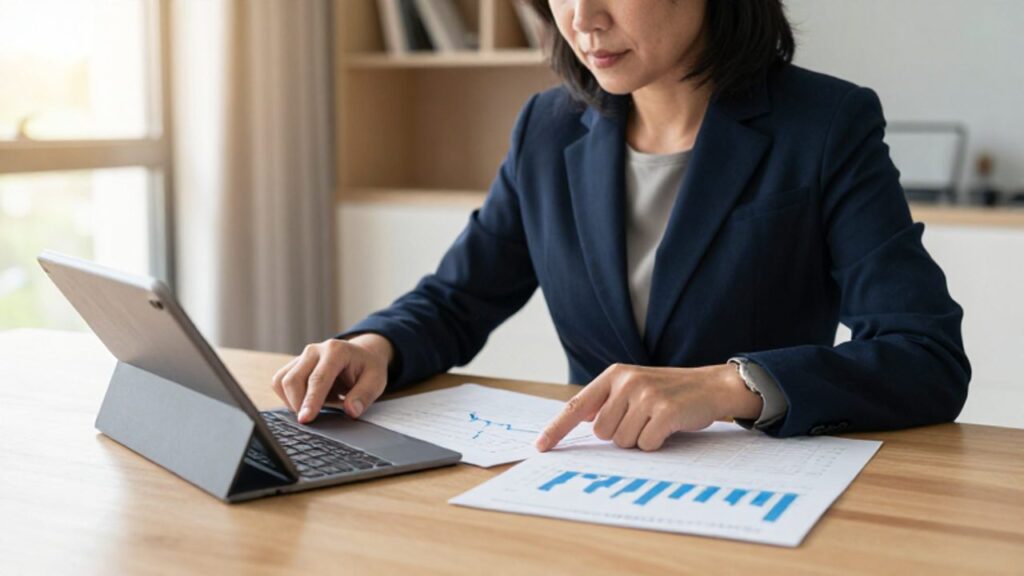 Persona sentada en un escritorio iluminado revisando documentos financieros y un gráfico de planificación estratégica.