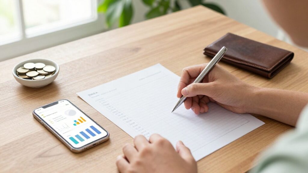 Manos organizando un presupuesto sobre un escritorio con un planificador de papel, un smartphone con gráficos financieros y monedas.