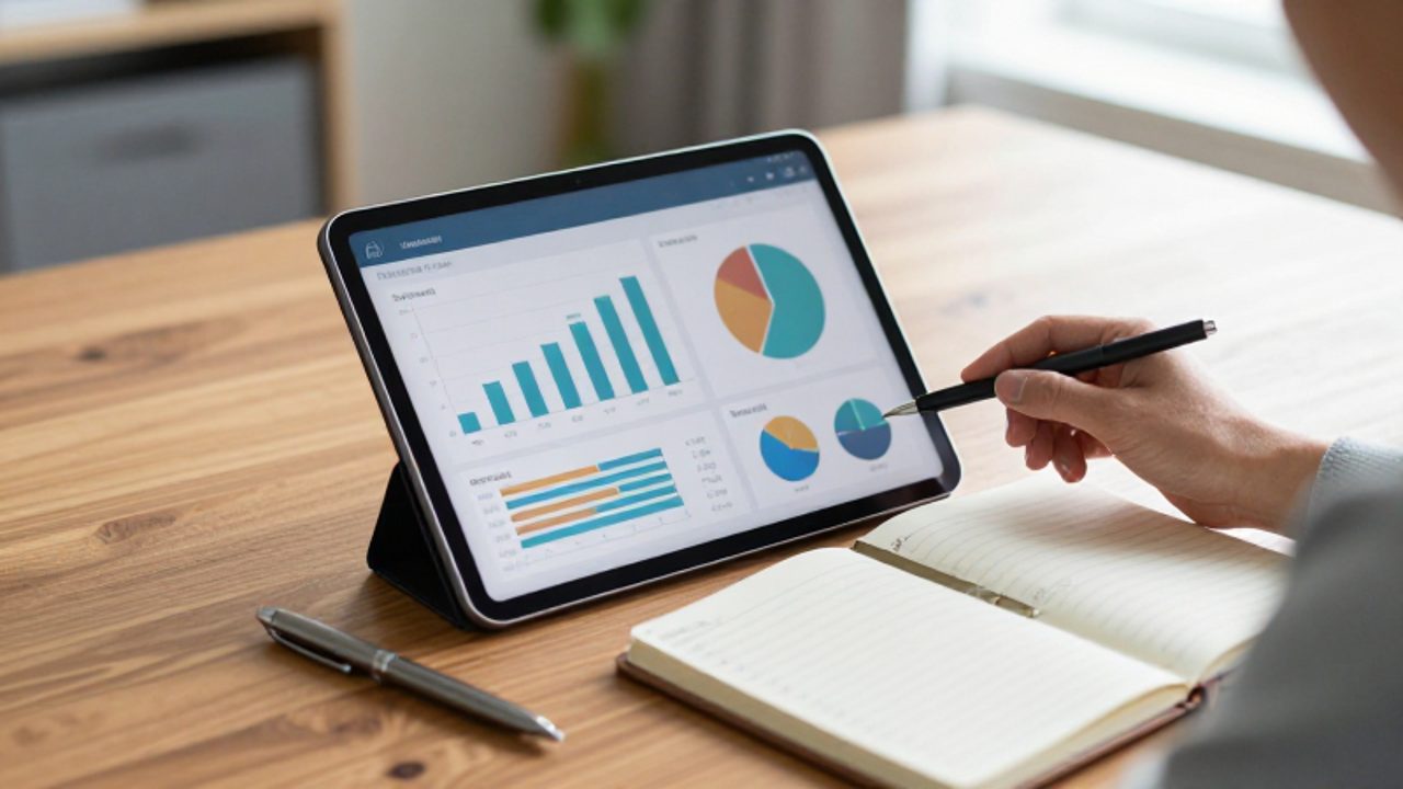 Persona organizando sus finanzas sobre un escritorio con una tableta que muestra gráficos de gastos y una libreta de notas.