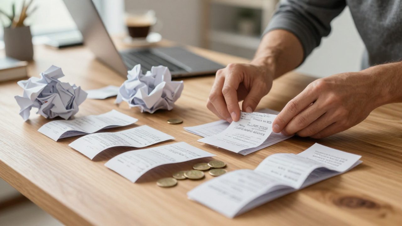 Manos organizando montones de recibos arrugados y monedas en pilas separadas sobre un escritorio de madera.