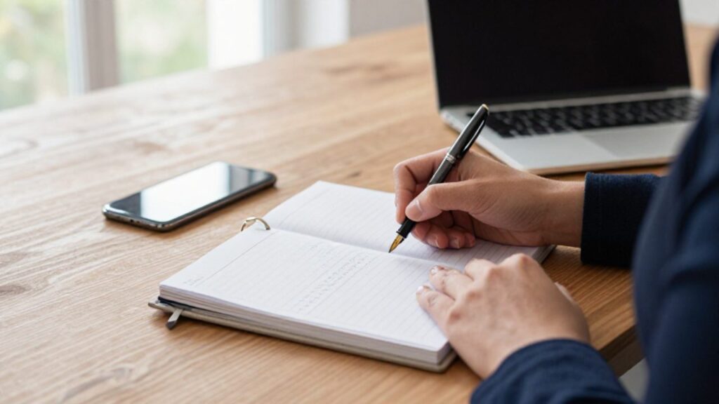 Persona escribiendo en una agenda de planificación financiera sobre un escritorio ordenado con una computadora y un teléfono móvil.