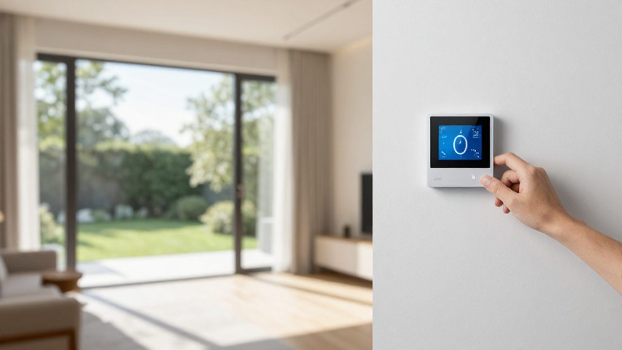 Una mano ajusta un termostato inteligente en una sala de estar moderna y luminosa, sugiriendo el control del confort térmico y el ahorro energético.