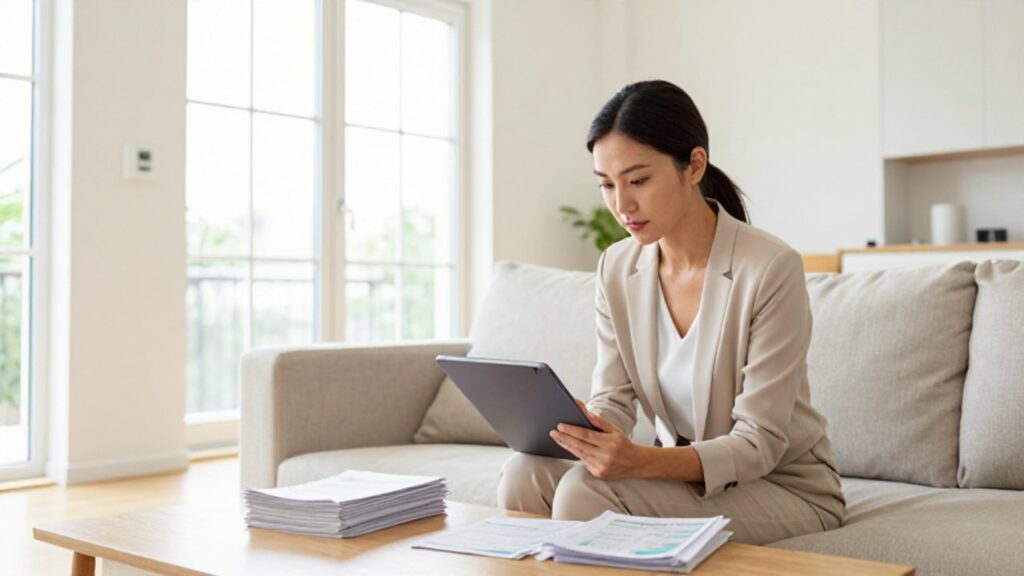 Una mujer revisa su presupuesto mensual en una tablet dentro de un salón luminoso y moderno con un termostato inteligente al fondo.