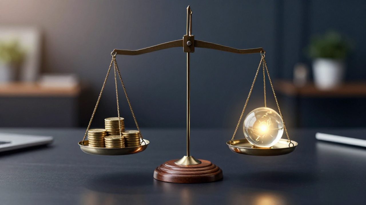 Una balanza equilibrada con monedas de oro en un plato y una esfera brillante en el otro sobre un escritorio de oficina.