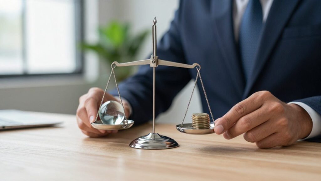 Manos equilibrando una pequeña balanza con monedas y una canica sobre un escritorio de madera.