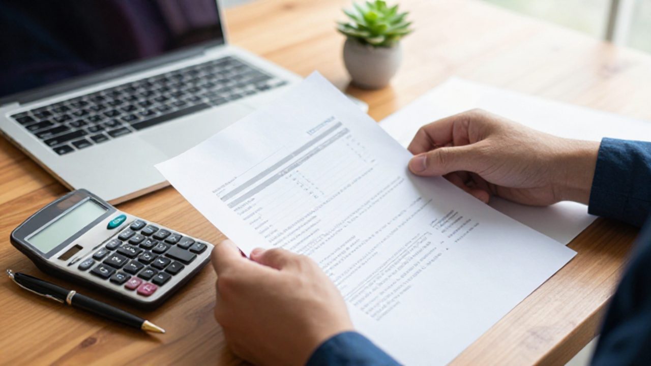 Manos organizando documentos financieros y formularios fiscales junto a una calculadora y un bolígrafo sobre un escritorio de madera.
