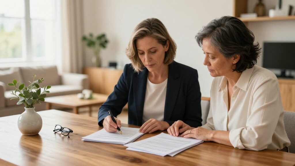 Pareja de profesionales revisando documentos legales con calma en una mesa de madera dentro de un hogar luminoso y organizado.