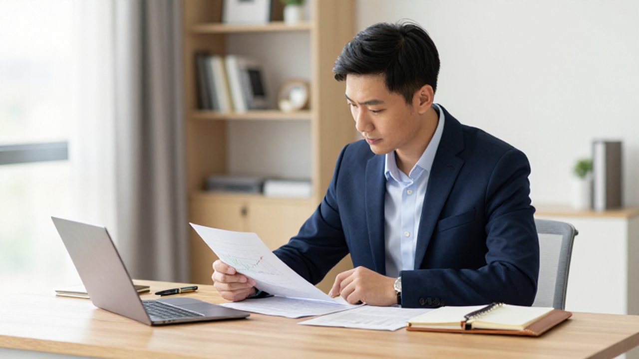 Un joven profesional analiza con calma documentos financieros y una gráfica de crecimiento en su laptop dentro de una oficina luminosa y organizada.