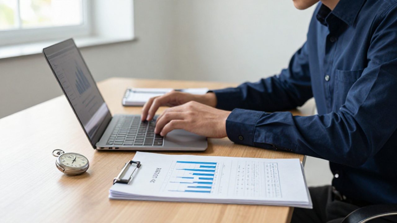 Persona trabajando en un escritorio minimalista con un ordenador, un cuaderno y gráficos financieros impresos que muestran un crecimiento ascendente.