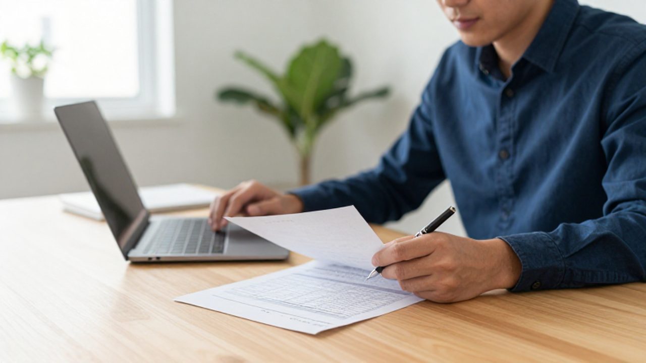 Persona sentada en un escritorio luminoso revisando un plan financiero impreso y tomando notas con un bolígrafo frente a un ordenador portátil.