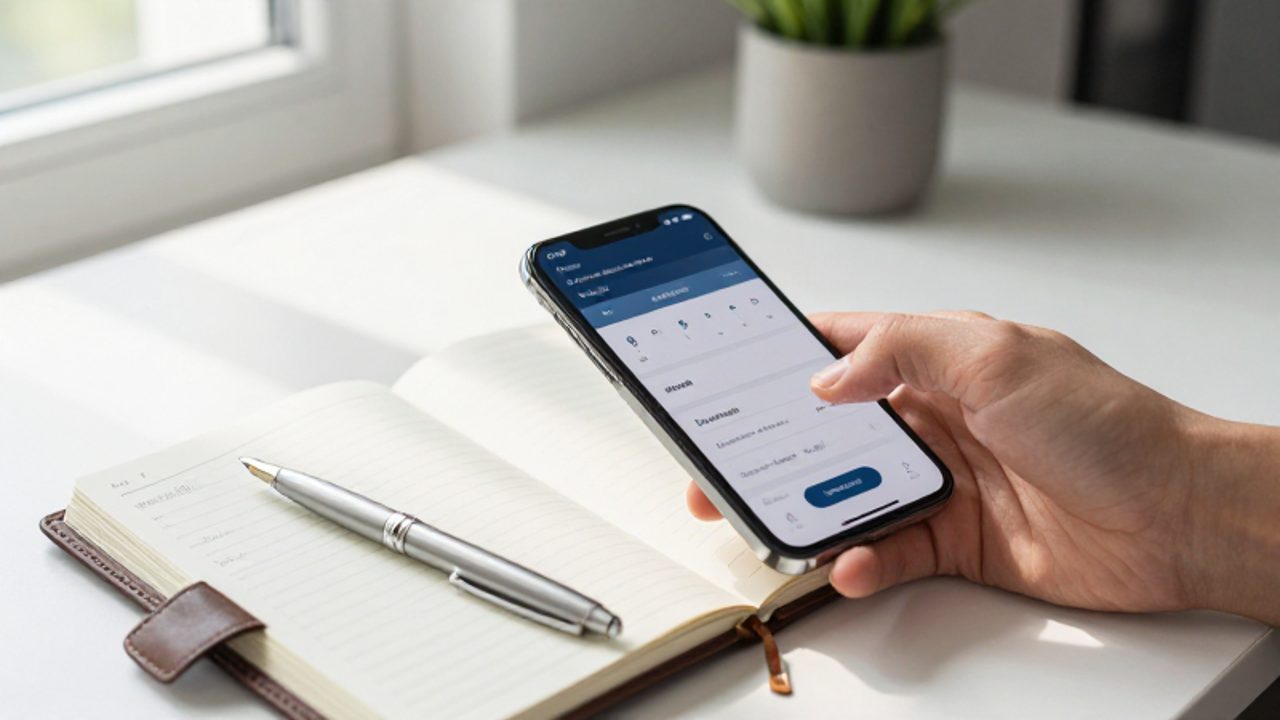 Una persona utiliza un smartphone para gestionar una aplicación bancaria junto a una agenda con gráficos financieros en un escritorio ordenado.