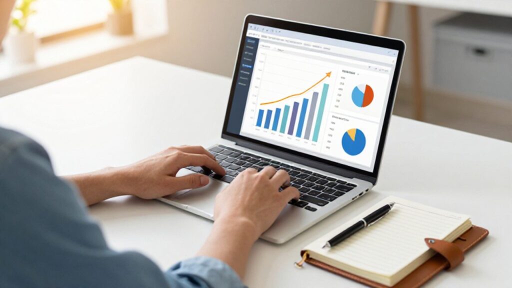 Manos de una persona trabajando en una laptop que muestra gráficos de crecimiento financiero junto a una agenda y un bolígrafo en un escritorio organizado.