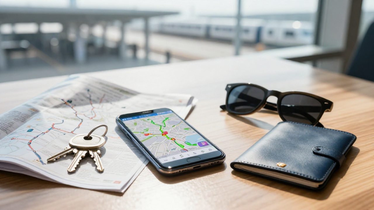 Smartphone con un mapa de rutas junto a un mapa de metro y un pasaporte sobre una mesa de madera, representando la planificación de transporte.
