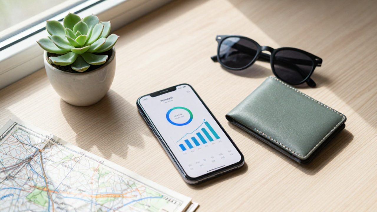 Smartphone con una aplicación de finanzas mostrando un gráfico de crecimiento junto a una cartera y un mapa sobre un escritorio de madera.