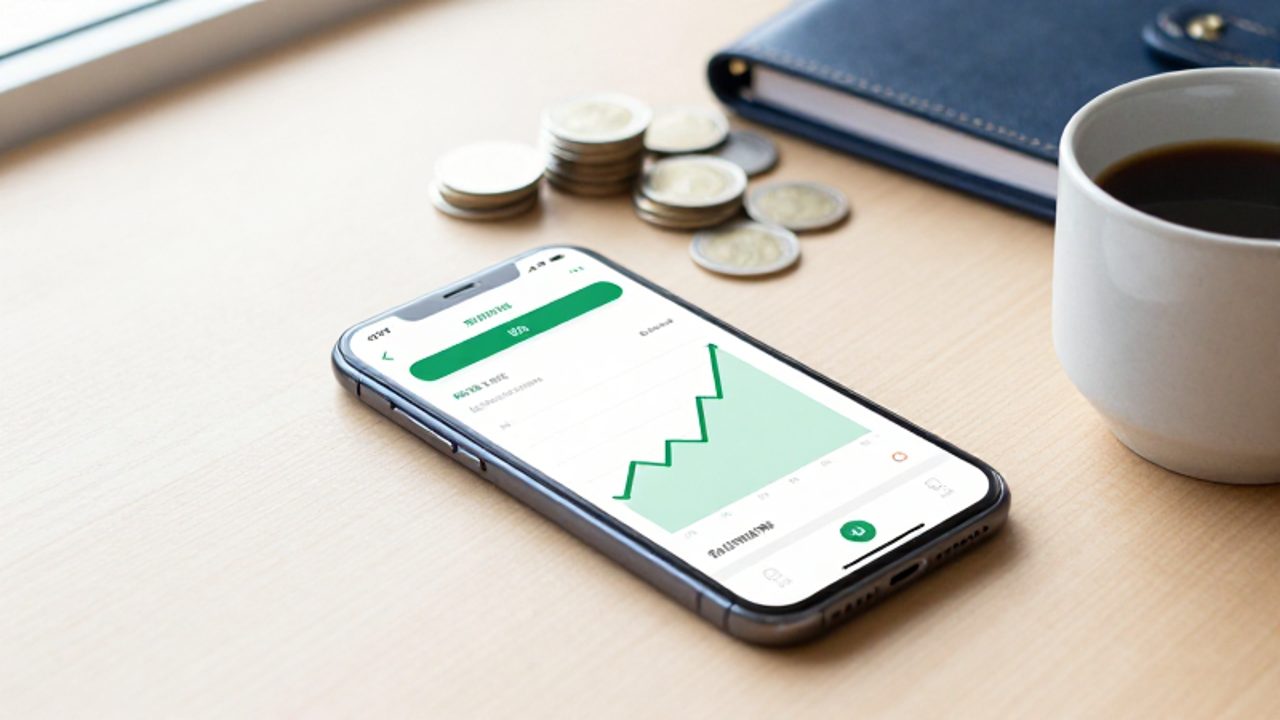 Smartphone sobre un escritorio junto a un café, mostrando una aplicación financiera con un gráfico de crecimiento y una notificación de transferencia automática.