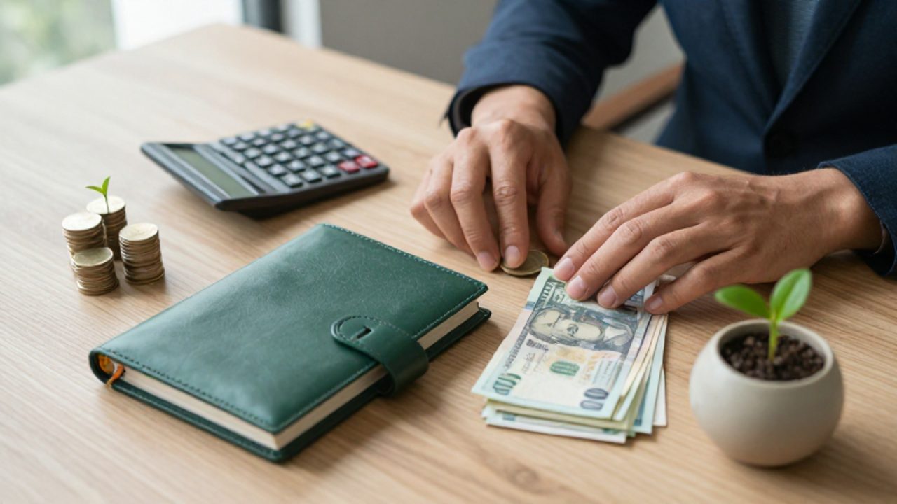 Manos organizando monedas, billetes y una calculadora sobre un escritorio de madera junto a una pequeña planta creciendo en una maceta.