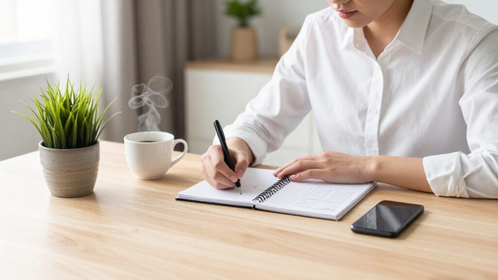 Persona joven sentada en un escritorio luminoso organizando su presupuesto en un cuaderno junto a un smartphone.