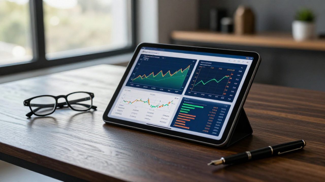 Una tablet sobre un escritorio muestra gráficos de crecimiento financiero y diagramas de asignación de activos junto a unas gafas y un bolígrafo.