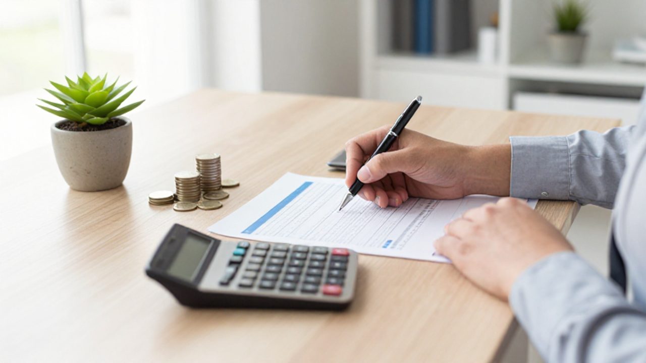 Persona organizando documentos financieros y usando una calculadora sobre un escritorio de madera en un ambiente luminoso y ordenado.