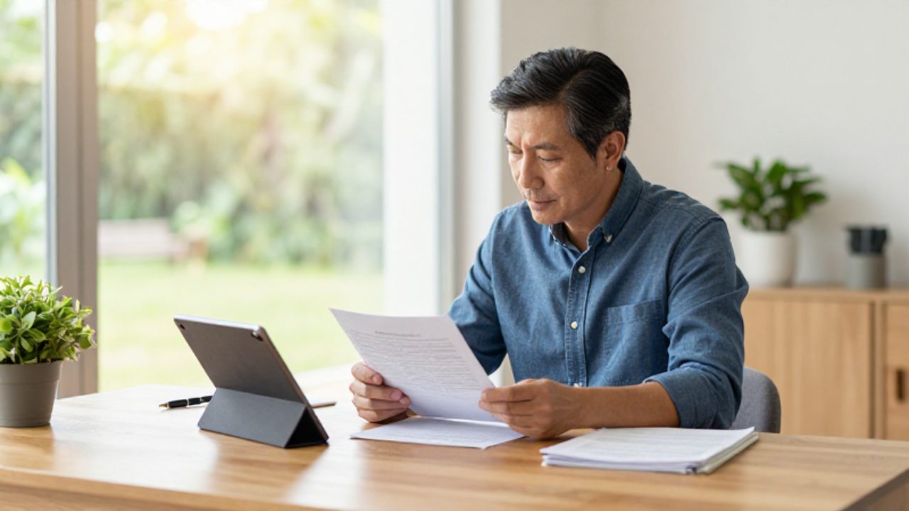 Persona revisando documentos de seguros y una tableta en un escritorio de una oficina moderna y luminosa.