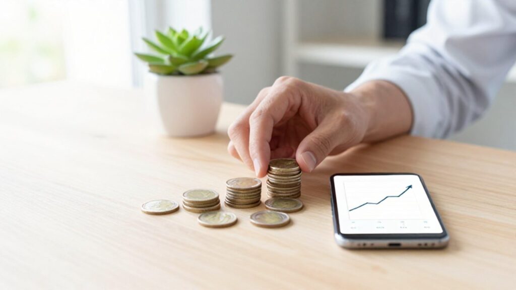 Manos de una persona organizando monedas de euro junto a un smartphone que muestra un gráfico de crecimiento financiero sobre un escritorio de madera.