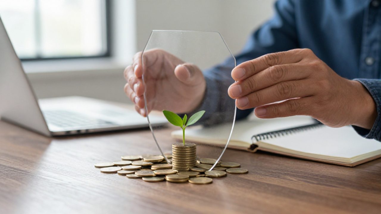 Unas manos colocan un escudo de cristal transparente sobre monedas de oro y una pequeña planta para proteger sus ahorros.