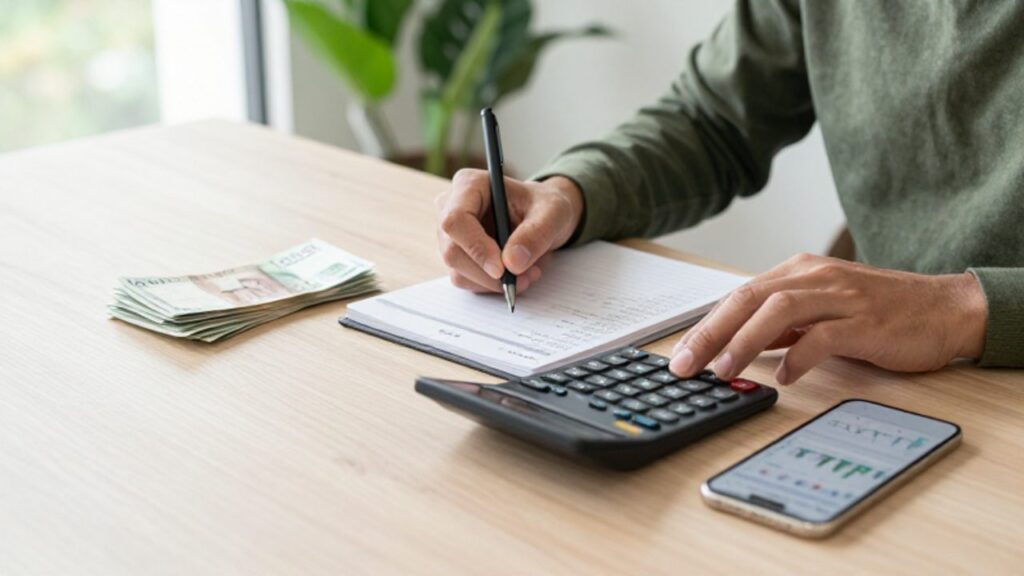 Manos organizando finanzas personales con una calculadora, un planificador de papel, billetes y un smartphone que muestra un gráfico de crecimiento.