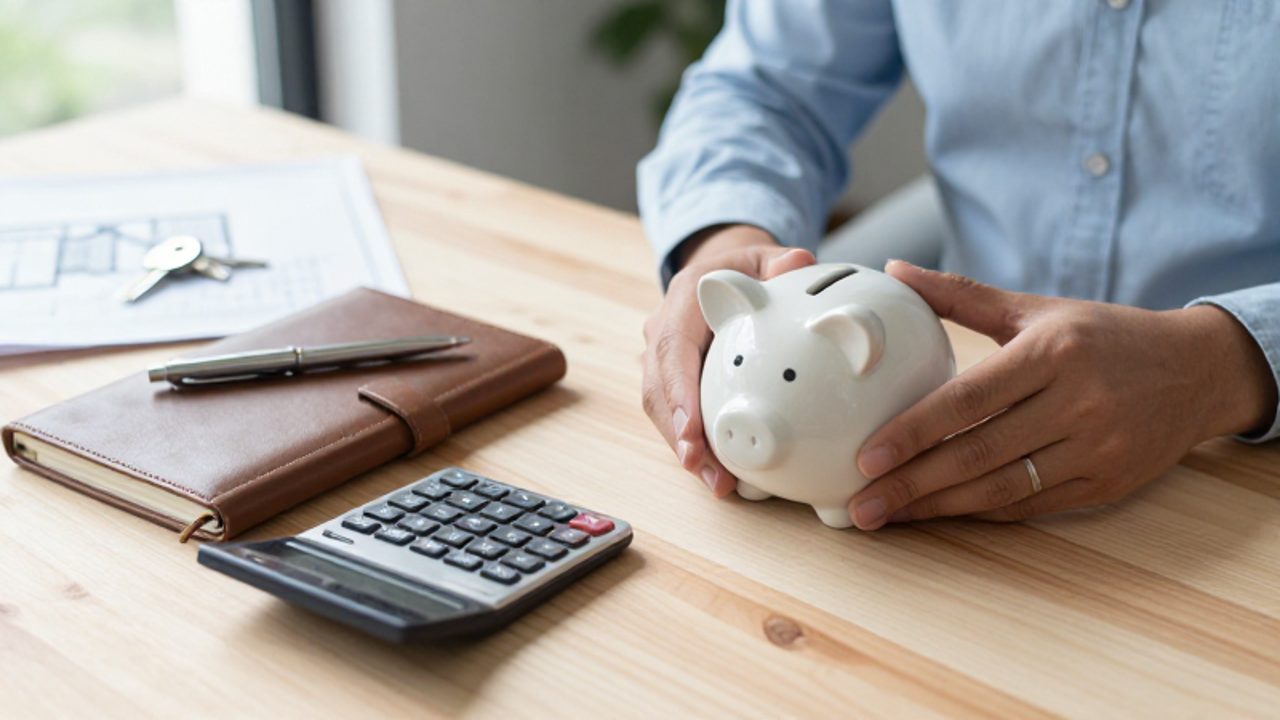 Manos organizando ahorros junto a una calculadora y un cuaderno sobre un escritorio, con unas llaves de casa y un plano desenfocados al fondo.
