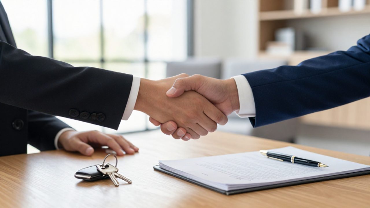 Dos personas se dan la mano sobre un escritorio de madera junto a unas llaves de casa y documentos firmados tras cerrar una negociación inmobiliaria.