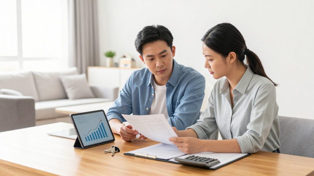 Pareja joven revisando documentos financieros y gráficos en una tablet sobre una mesa de madera para planificar la compra de su vivienda.