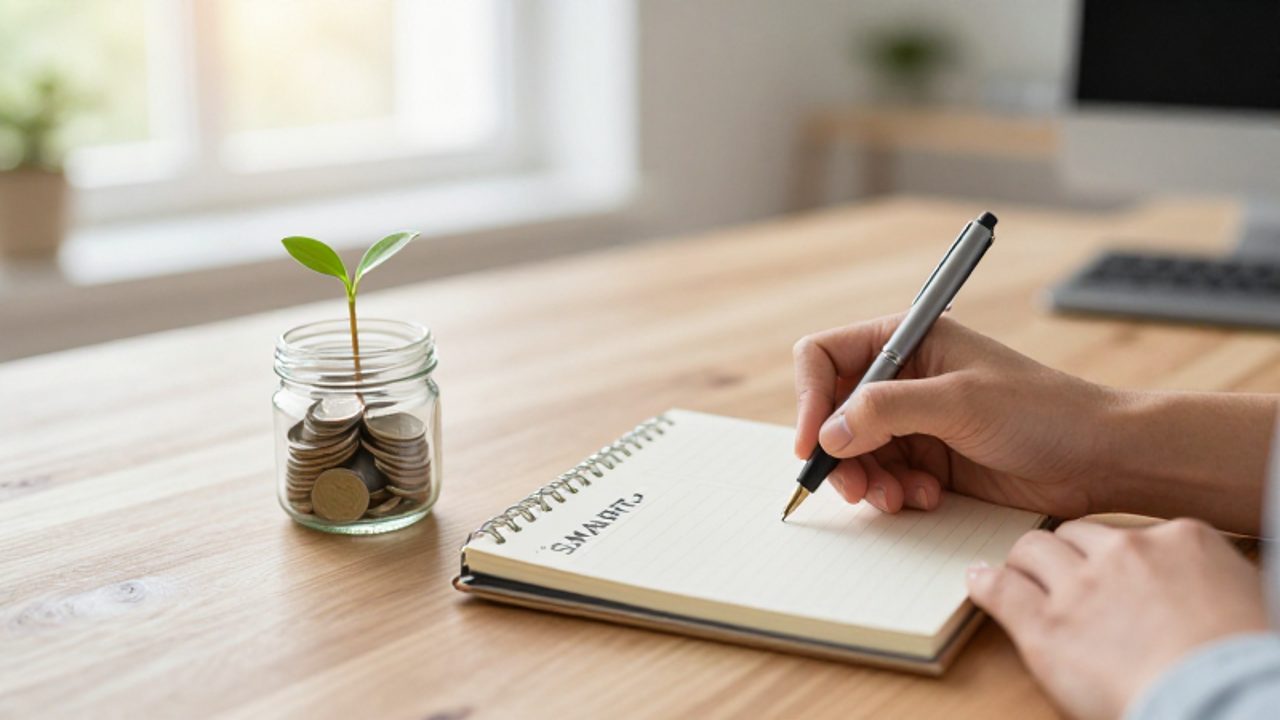 Una persona escribe en un planificador sobre un escritorio de madera junto a un frasco con monedas y un pequeño brote verde que simboliza el crecimiento del ahorro.