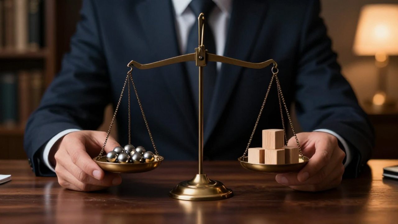 Unas manos ajustan una balanza sobre un escritorio donde una escala contiene esferas metálicas y la otra pequeños bloques de madera, simbolizando el equilibrio de una cartera de inversión.