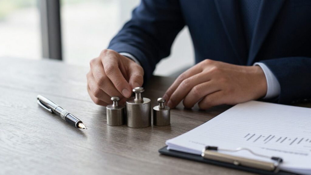 Manos de una persona organizando pesos metálicos junto a un libro contable y una pluma sobre una mesa de madera, simbolizando el equilibrio financiero.