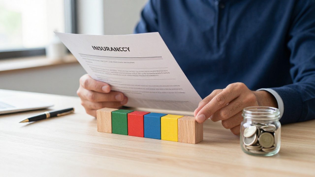 Manos organizando un portafolio financiero sobre un escritorio, junto a un documento de seguro, bloques de colores que representan activos y un frasco con monedas.