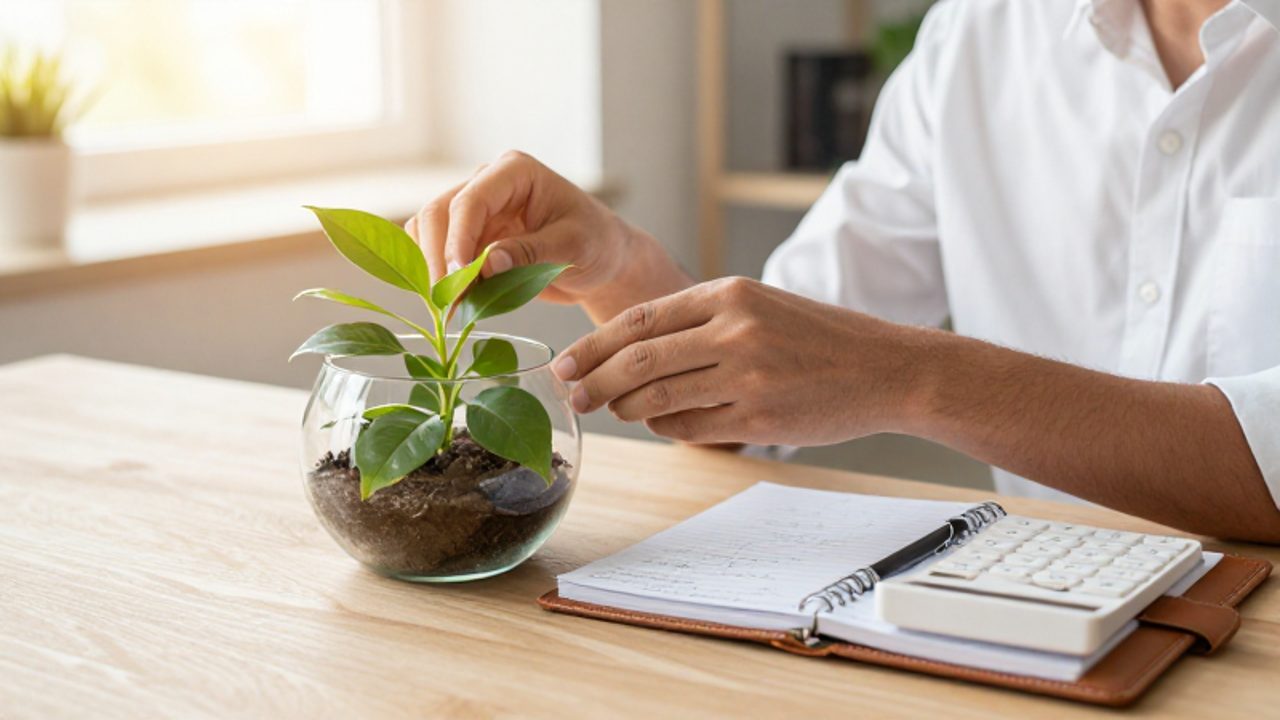 Manos organizando una planta en un terrario sobre un escritorio junto a un cuaderno con notas financieras y una calculadora.