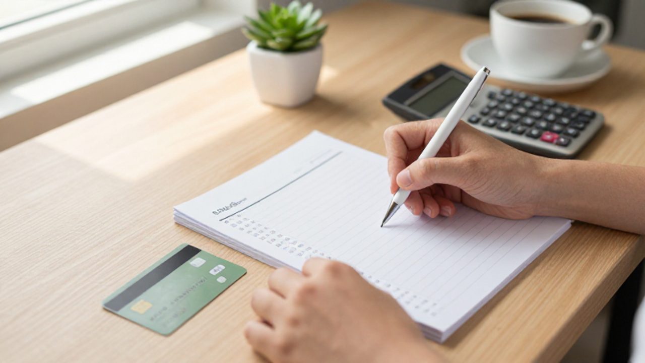 Manos organizando un presupuesto en un cuaderno sobre un escritorio, junto a una tarjeta de crédito y una calculadora.