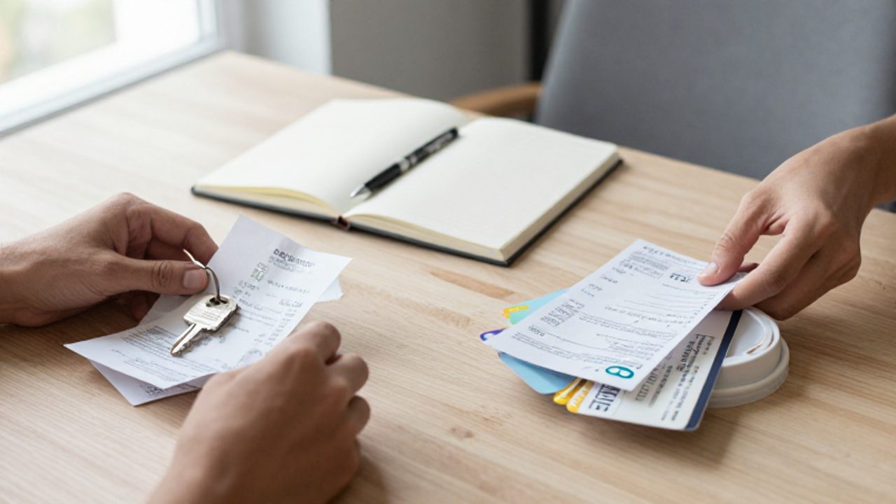Manos organizando sobre un escritorio dos montones de objetos que representan necesidades, como recibos y llaves, y deseos, como un ticket de cine.