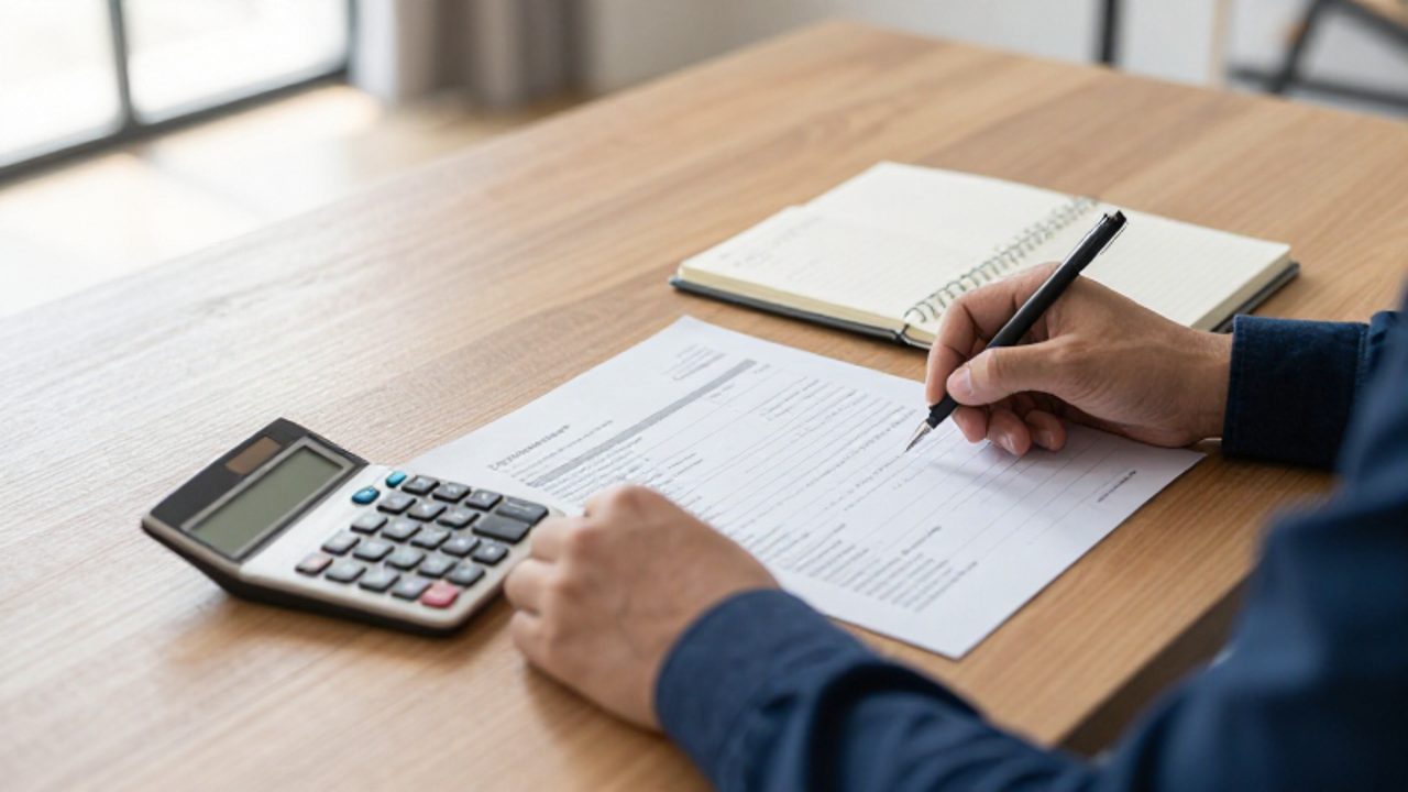 Manos revisando un estado financiero junto a una calculadora y un cuaderno de notas sobre un escritorio de madera.
