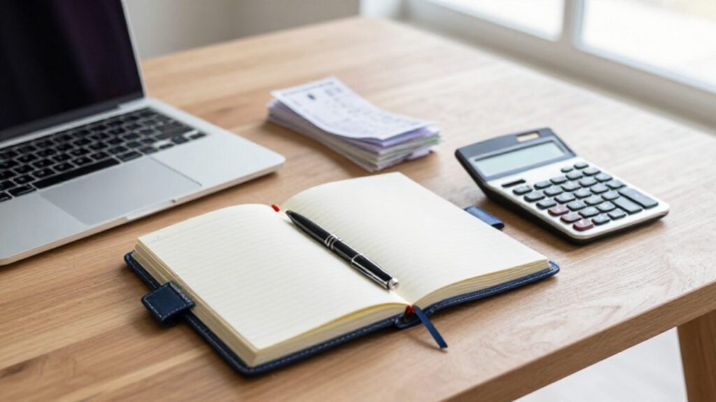 Persona organizando sus finanzas sobre un escritorio ordenado con un portátil, una agenda, recibos y una calculadora.