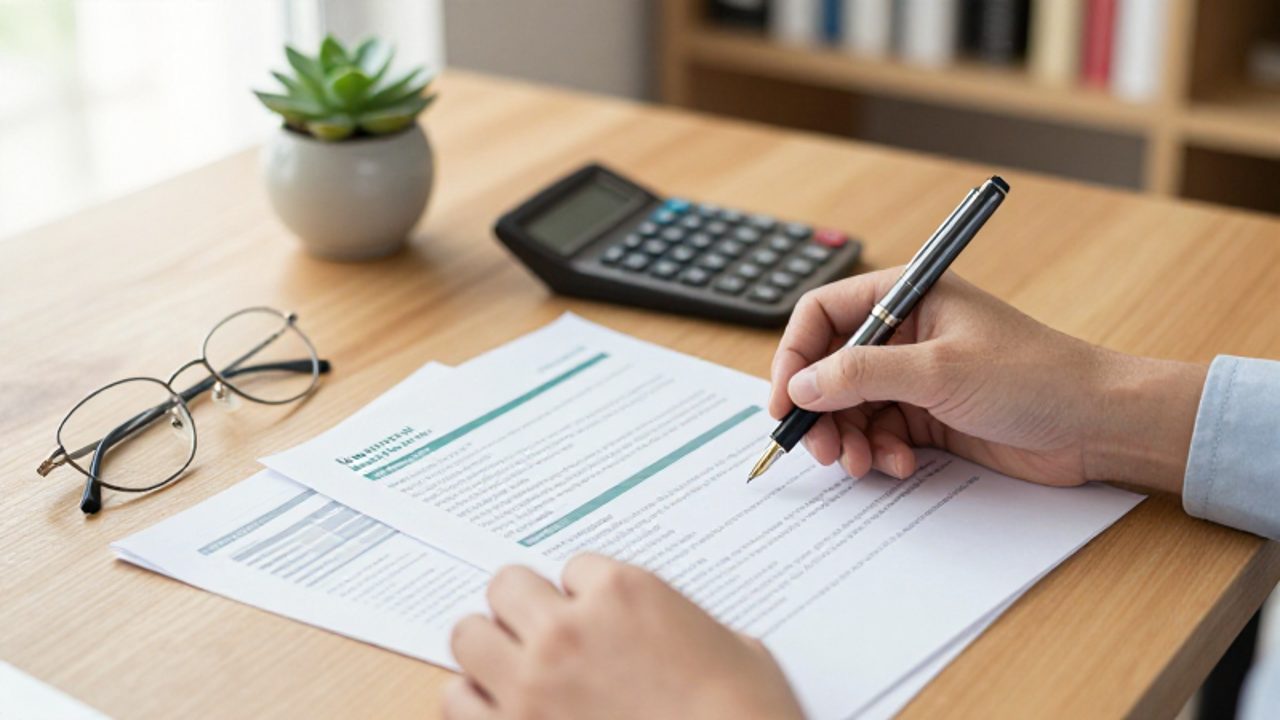 Manos revisando documentos financieros y folletos de seguros de salud sobre un escritorio ordenado con una calculadora y una pluma.