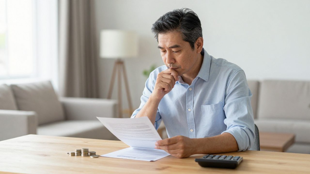 Un hombre reflexiona frente a su escritorio mientras revisa documentos financieros junto a una calculadora y monedas.