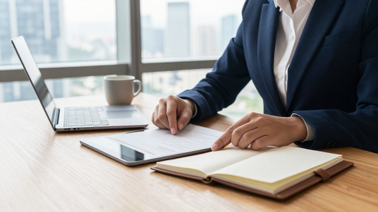Asesor financiero revisando documentos y una tableta sobre un escritorio organizado para realizar el rebalanceo de una cartera.